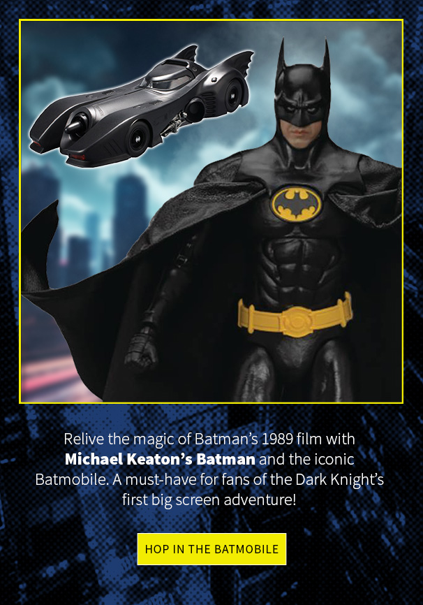 Relive the magic of Batman’s 1989 film with Michael Keaton’s Batman and the iconic Batmobile. A must-have for fans of the Dark Knight’s first big screen adventure! Hop into the Batmobile